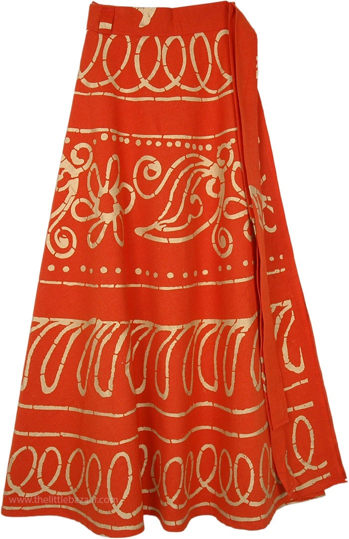Tangy Orange Rust Wrap Skirt with Golden Paint Work