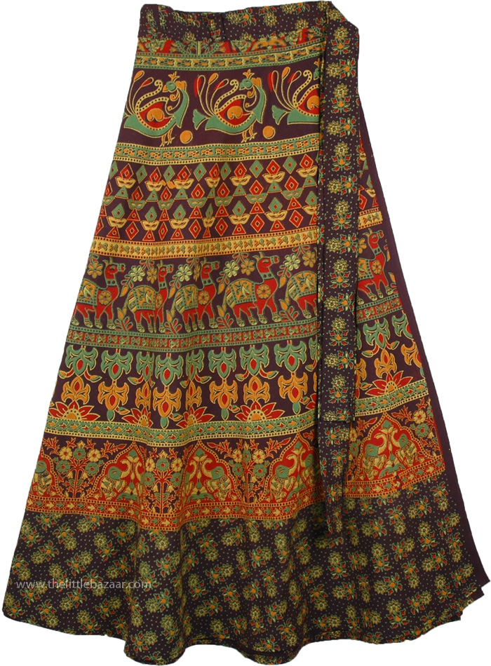 Deep Cocoa Fall Ethnic Wrap Skirt with Camel Print