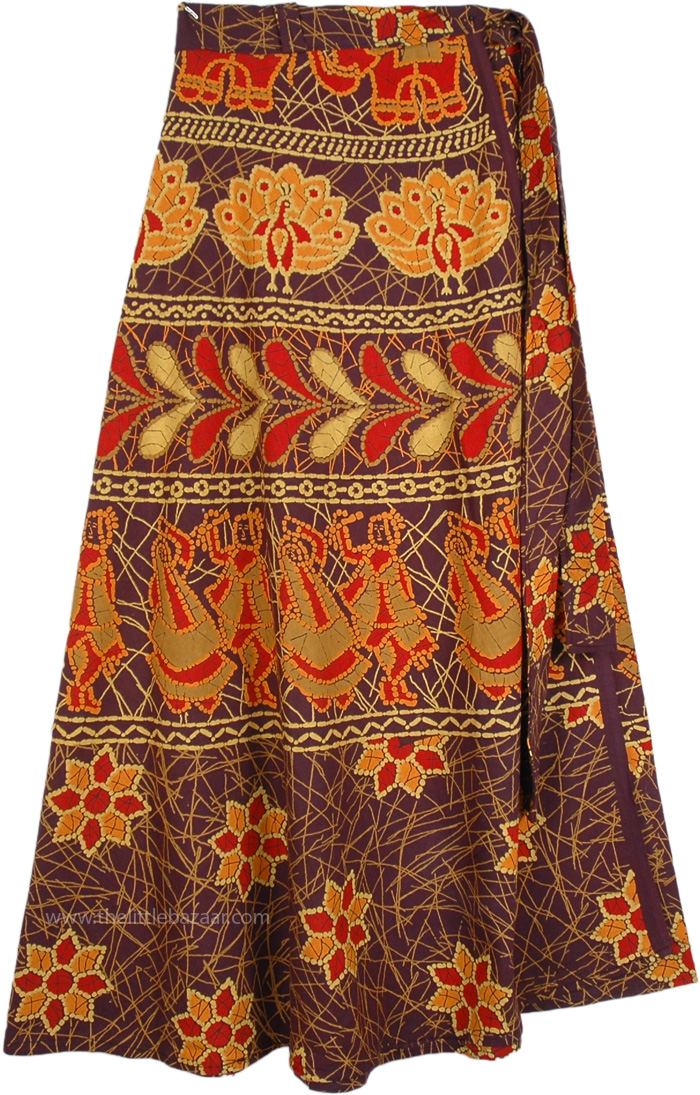 Indian Brown Skirt With Ethnic Colorful Print, Ethnic Long Wrap Skirt with Folk Patterns