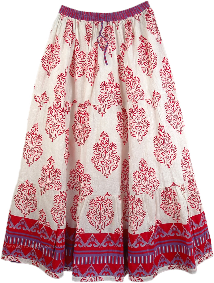 Florals Cotton Printed Long Skirt, Sparkle Flowers Cotton Print Skirt