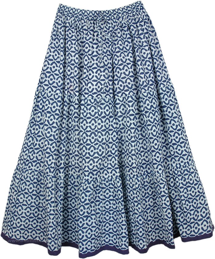 Blue Floral Cotton Printed Long Skirt, Cloud Burst Blue Cotton Long Summer Skirt