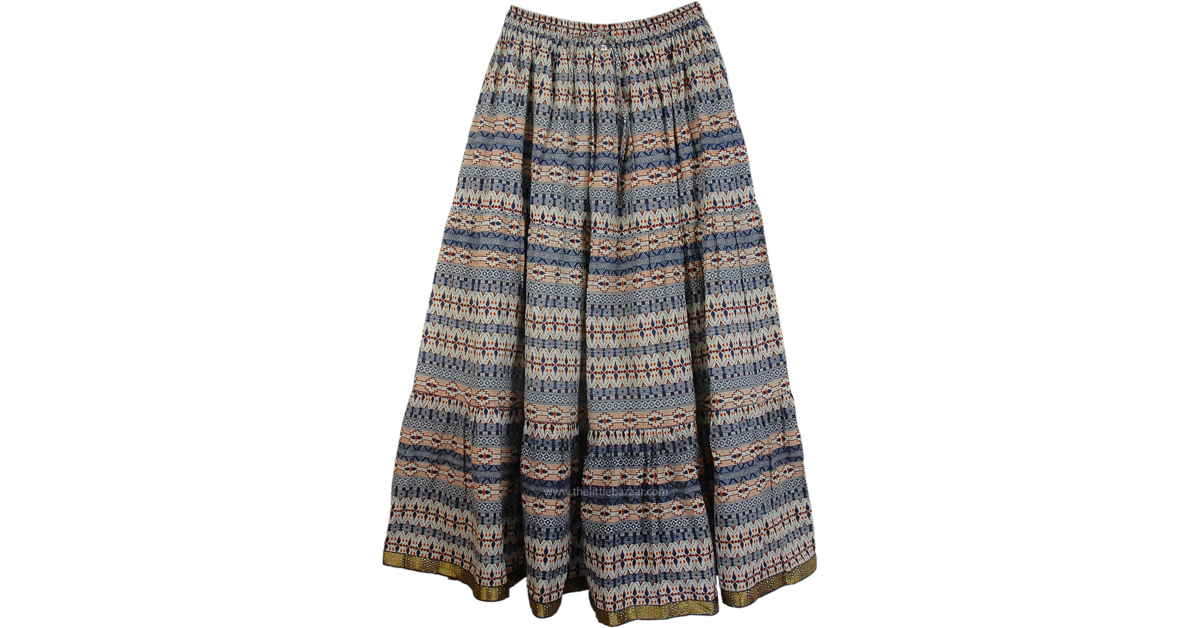 East Bay Blue Cotton Long Summer Skirt | Printed
