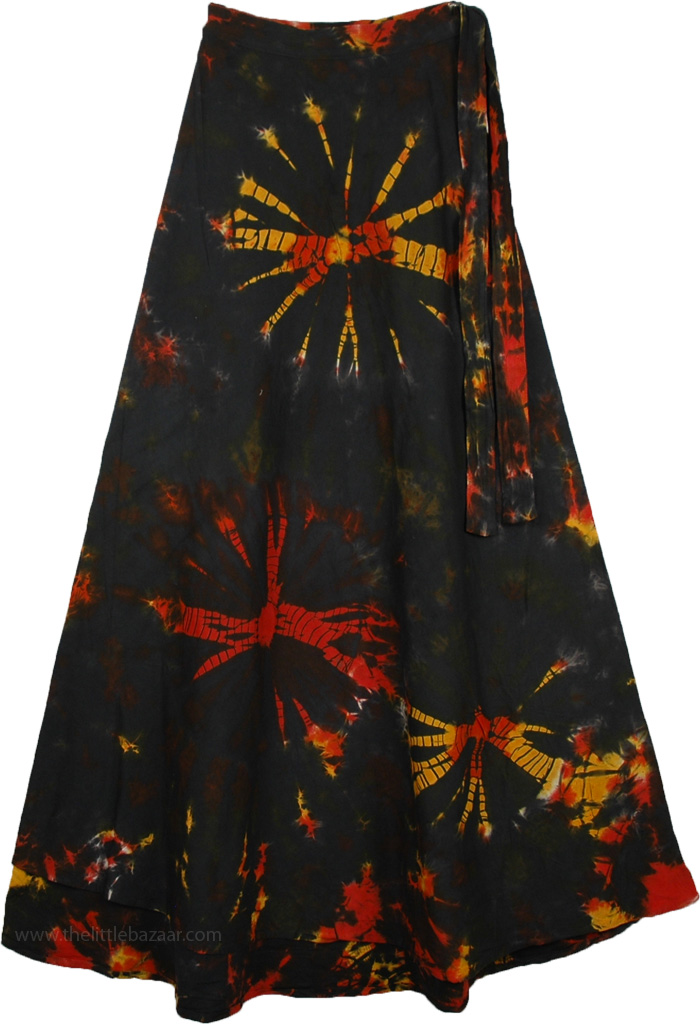 Black Fire Tie Dye Wrap Skirt Dress