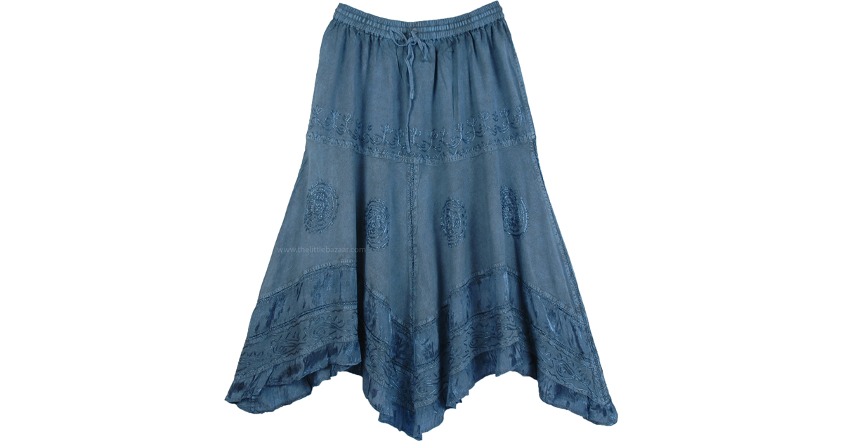 Handkerchief Hem Embroidered Denim Blue Skirt | Blue | Embroidered ...