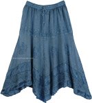 Handkerchief Hem Embroidered Denim Blue Skirt