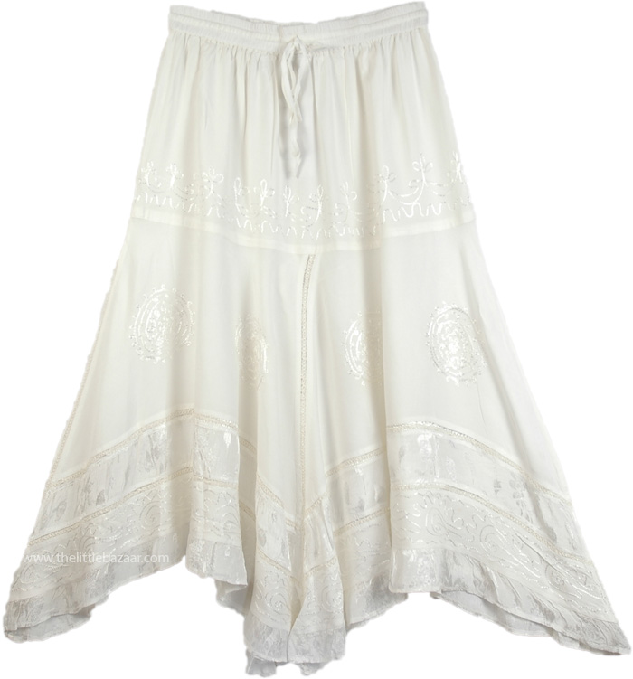 Year Around Rodeo Skirt with Embroidery, Handkerchief Hem Embroidered White Skirt