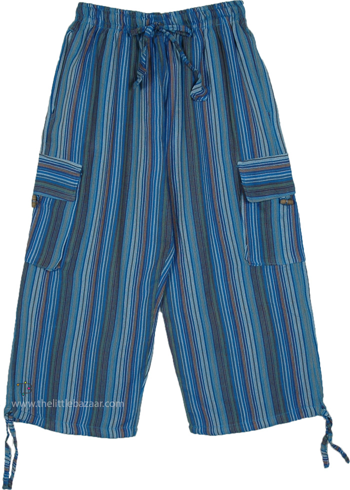 Blue Boho Striped Cotton Cargo Capris with Pockets