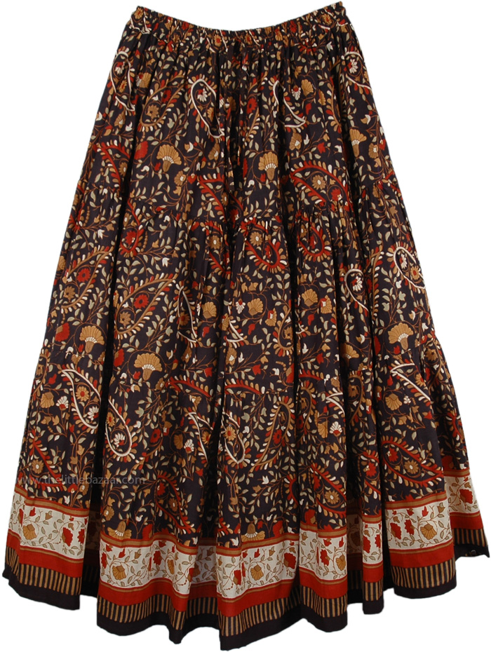 Black Dense Floral Summer Long Skirt