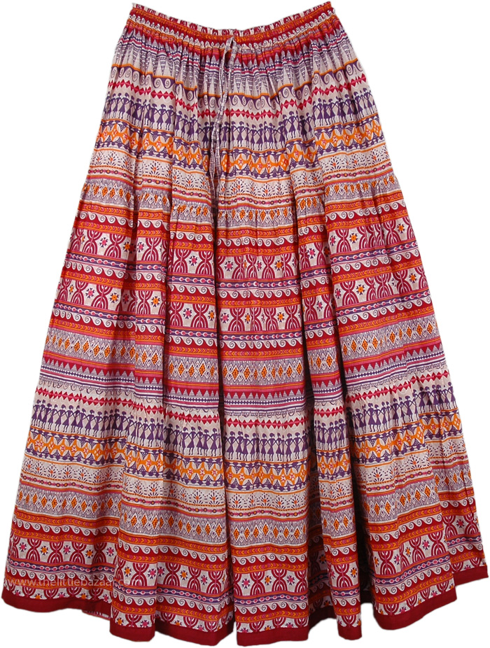 Fiery Boho Cotton Print Long Skirt Multicoloured Printed Bohemian