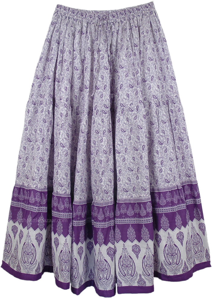 Purple Floral Cotton Printed Long Skirt, Vivid Violet Romance Cotton Long Skirt