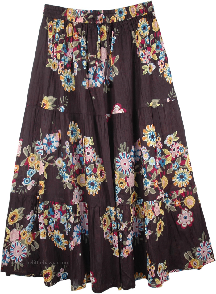 Black Floral Flare Long Skirt, Thunder Multicolor Floral Modest Skirt