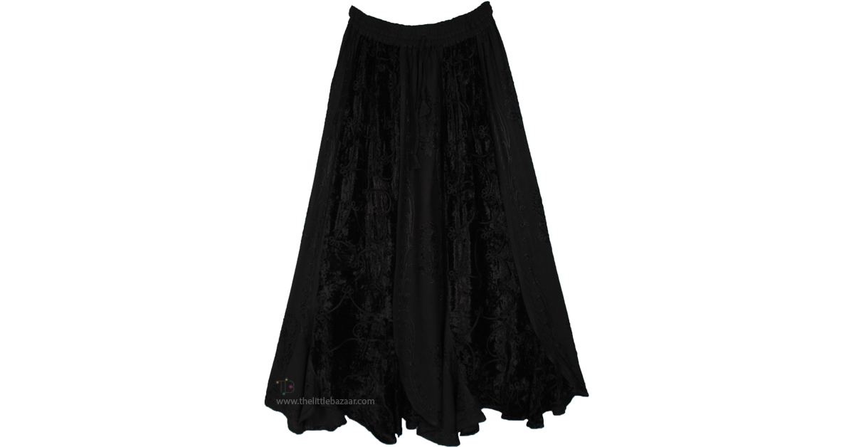 Midnight Dreams Velvet Embroidered Panels Maxi Skirt | Black