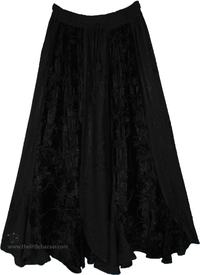 Midnight Dreams Velvet Embroidered Panels Maxi Skirt