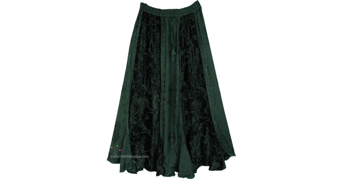 Emerald Vintage Velvet Embroidered Panels Maxi Skirt | Green Emerald Vintage Velvet Embroidered Panels Maxi Skirt | Green