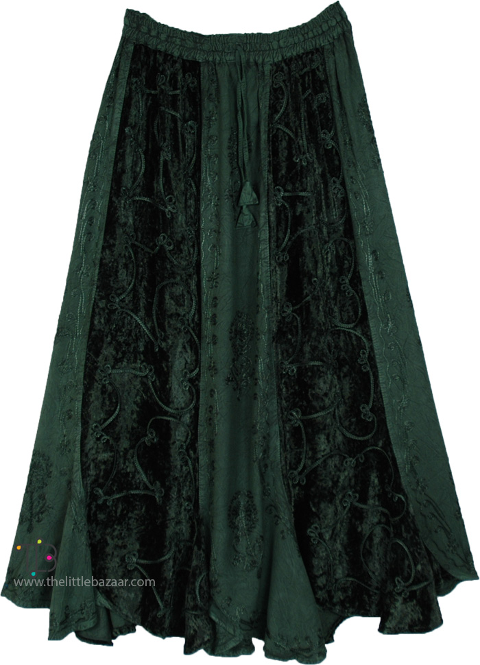 Emerald Vintage Velvet Embroidered Panels Maxi Skirt