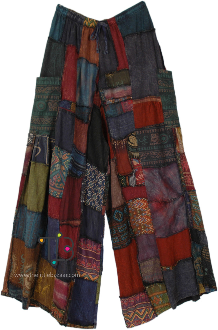 Plus Size Deep Rock Patchwork Wide Leg Boho Pants