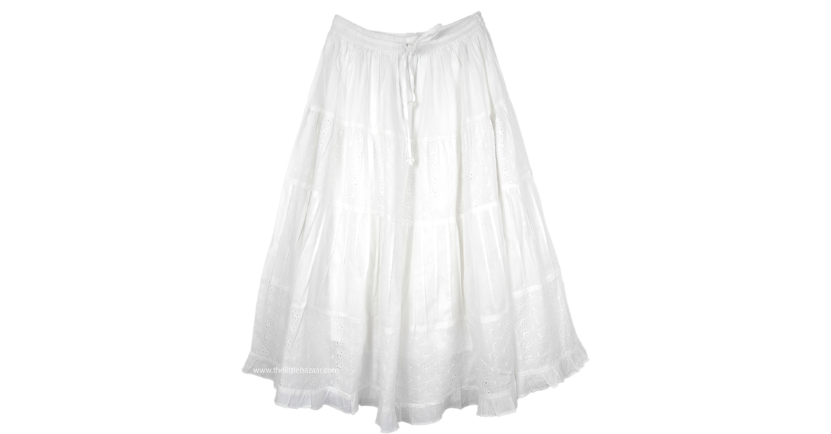 Serenely White Classic Cotton Skirt White Embroidered, Misses, Solid,WesternSkirts