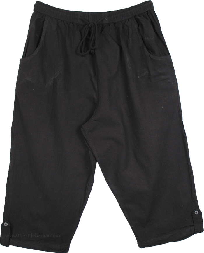 Black Knee Length Cotton Summer Capris