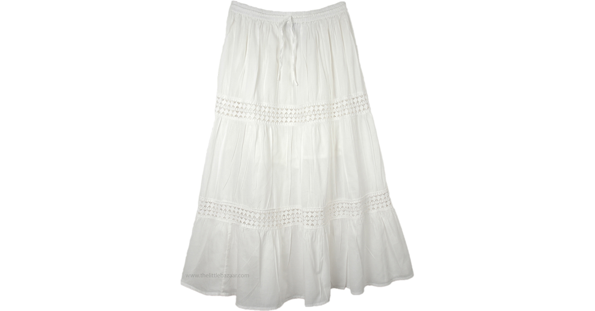 Snow White Summer Cotton Long Skirt | White-Skirts