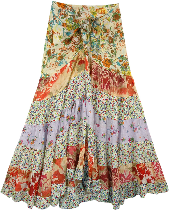 Multicolored Upcycled Patchwork Floral Skirt with Tie-Up Waist