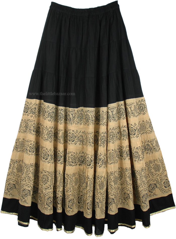 Black Khaki Long Summer Full Tiered Skirt | Black | 38L