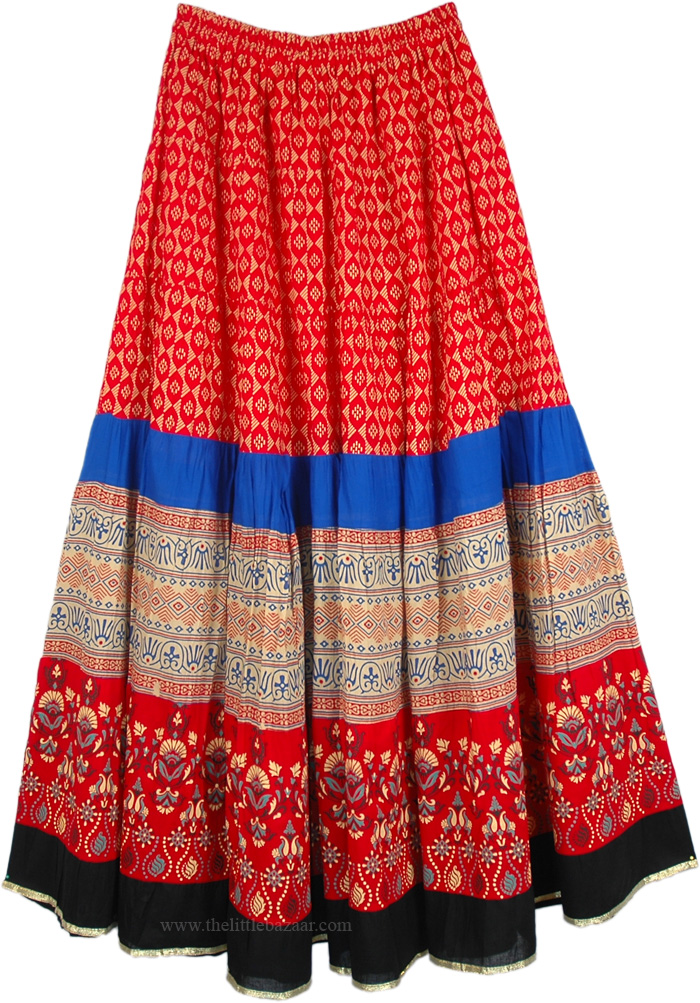 Full Sweep Red Printed Maxi Cotton Skirt