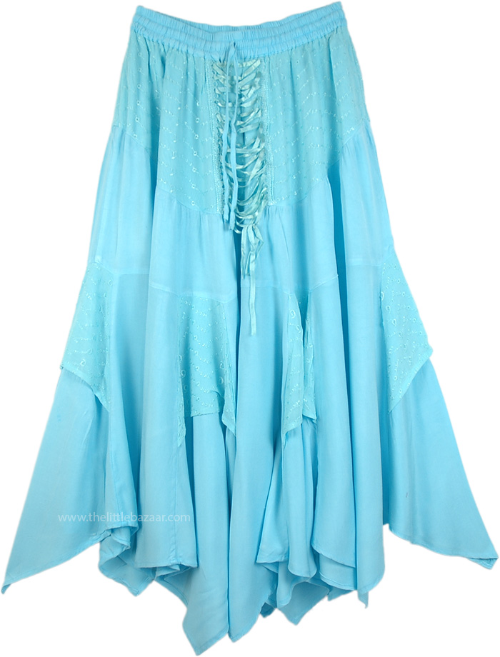 Handkerchief Hem Embroidered Skirt in Celeste Blue, Celeste Blue Renaissance Chic Embroidered Skirt