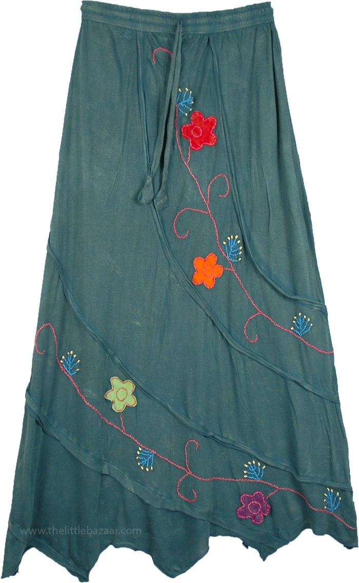 Groovy Teal Green Floral Hippie Skirt