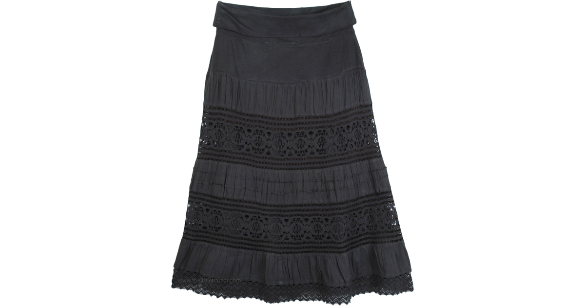 Gypsy Black Mid Length Crochet Lace Skirt | Black | Crochet-Clothing ...