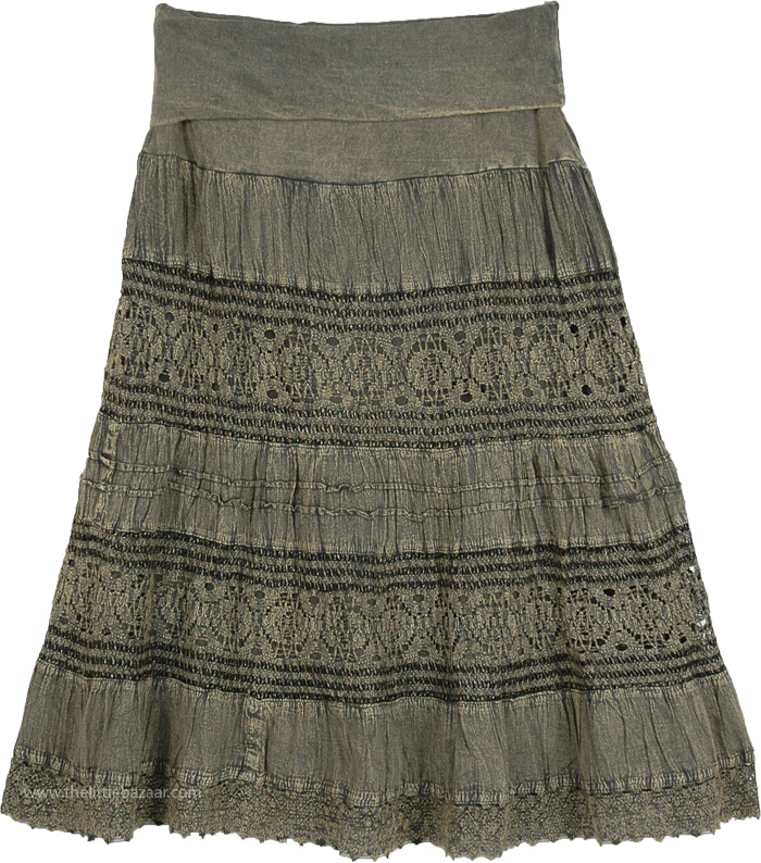 Flint Green Stonewashed Mid Length Crochet Lace Skirt