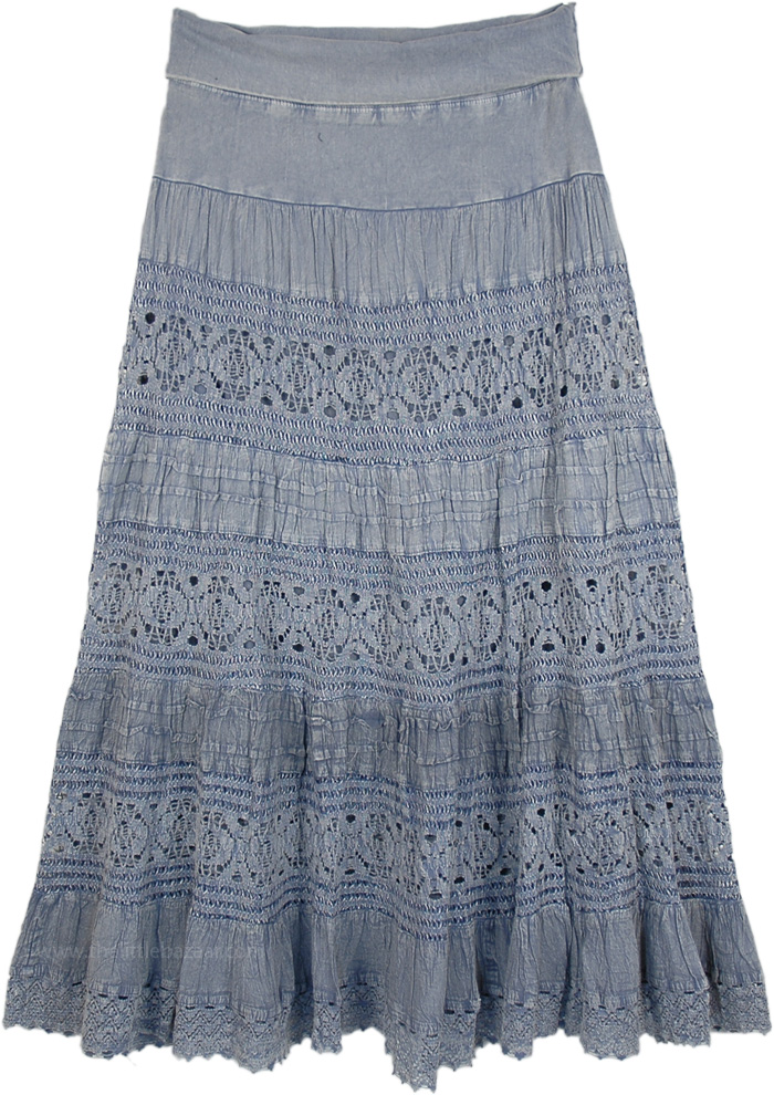 Maxi Grey Long Skirt with Yoga Waistband, Blue Grey Stonewashed Maxi Long Net Skirt