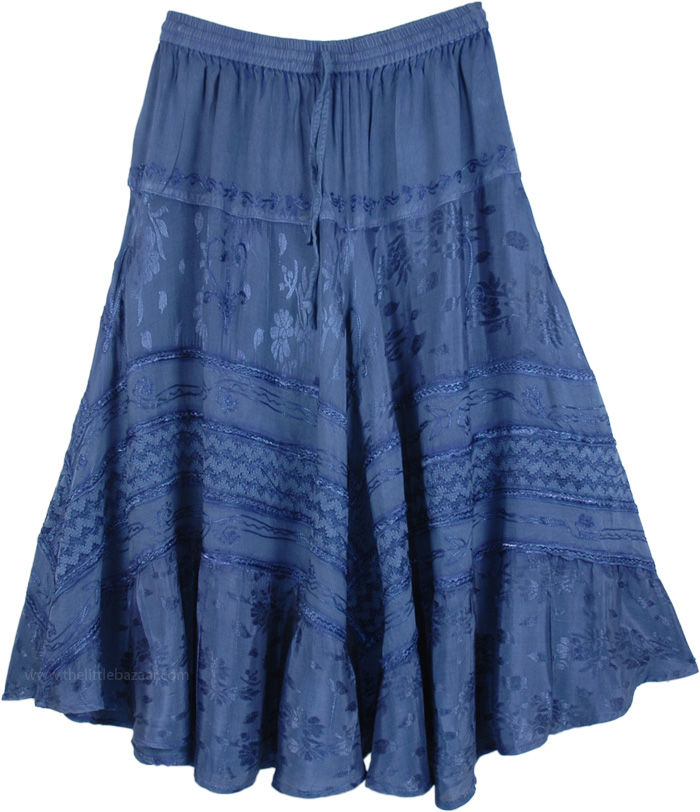Blue Renaissance Skirt with Embroidery, Midi Length Blue Gypsy Skirt Rayon Embroidered