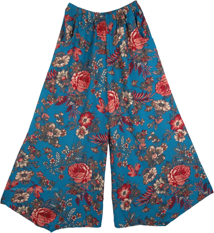 Blumine Floral Print Wide Leg Pants with Pockets | Blue | Split-Skirts ...