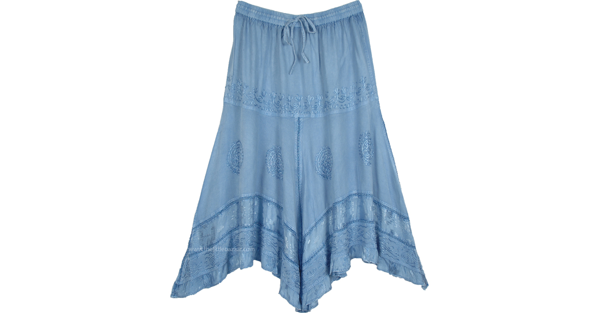 Handkerchief Hem Skirt Light Denim with Embroidery | Blue | Embroidered ...