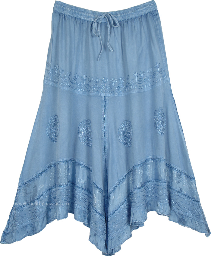 Handkerchief Hem Skirt Light Denim with Embroidery