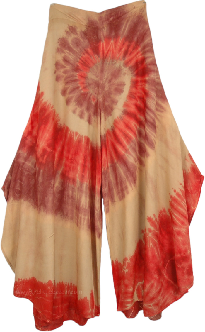 Wide Leg Palazzo Style Thai Pants in Beige, Spiral Tie Dye Curved Hem Divided Skirt