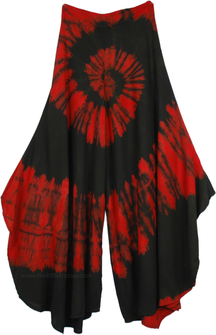 Wide Leg Palazzo Style Thai Pants in Red and Black, Easy Going Skirt Style Pants in Red and Black