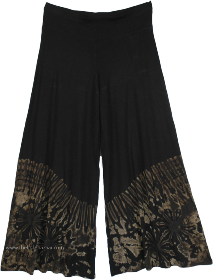 Bohemian Ankle Length Black Wide Leg Pants in Cotton, Shadow Tie-Dye Black Flary Lounge Pants