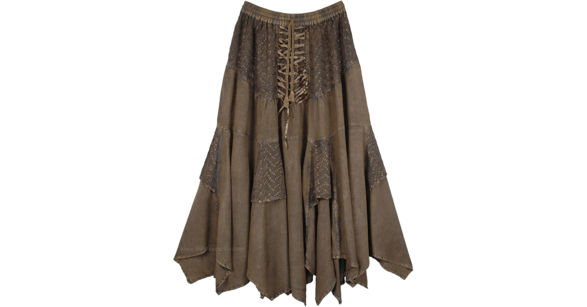 Tobacco Dark Green Middle Age Uneven Hem Skirt Bronze Stonewash