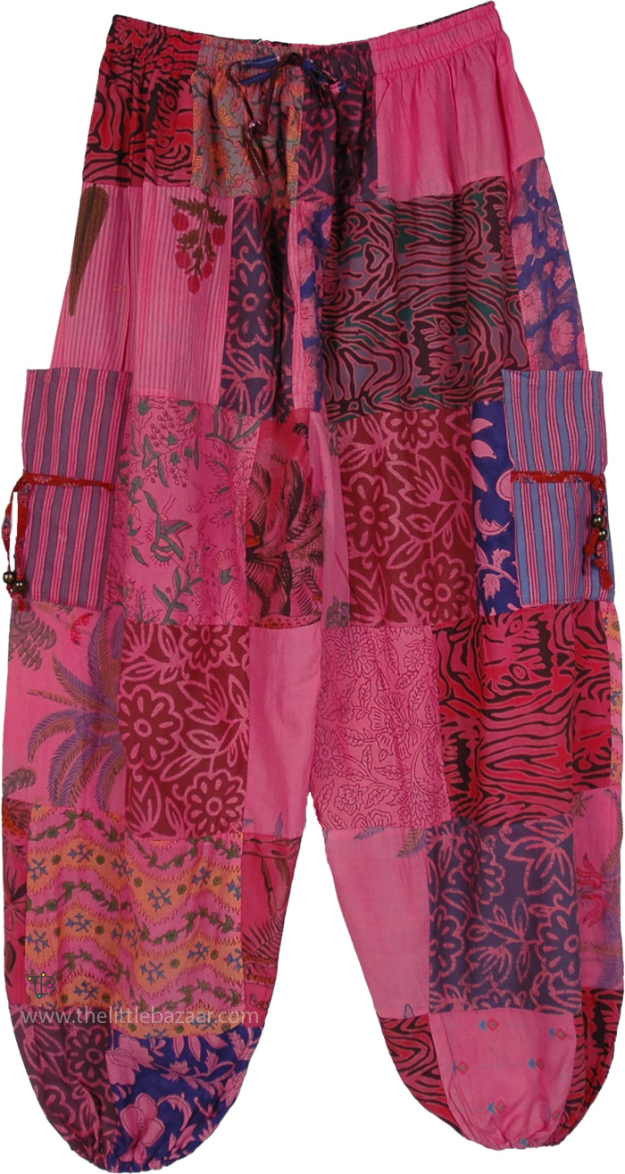 Loose Fit Boho Pants in Pink Toned Cotton with Patchwork, Fuschia Floral Print Festival Boho Harem Pants