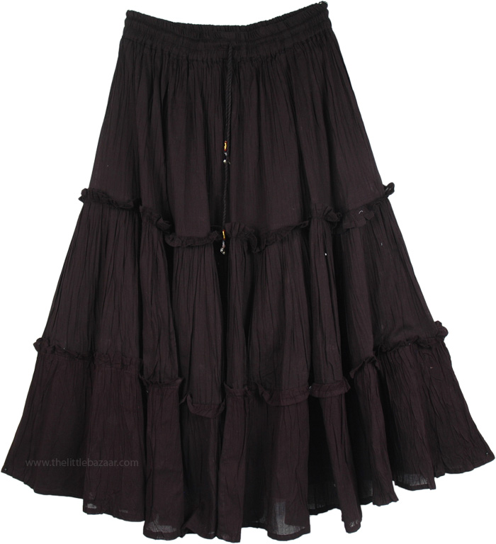 Solid Black Summer Mid Length Cotton Skirt, Midnight Magic Tiered Cotton Mid Length Skirt