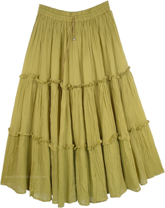 Tiered Husk Colored Skirt in Pure Cotton, Summer Husk Tiered Cotton Lined Skirt