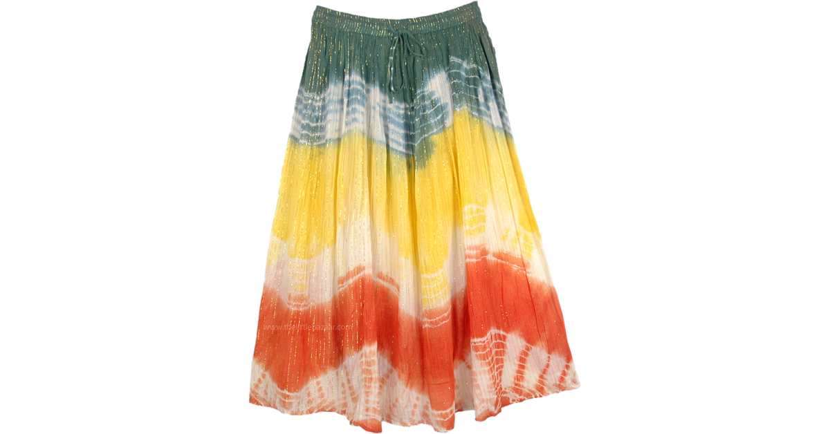 Solar Flares Tinsel Tie Dye Boho Summer Skirt | Yellow | Crinkle ...