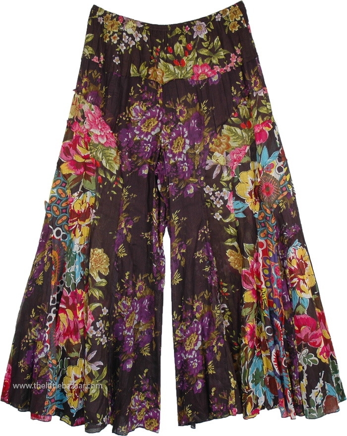 Smoky Black Palazzo Pants with Multicolored Floral Pattern