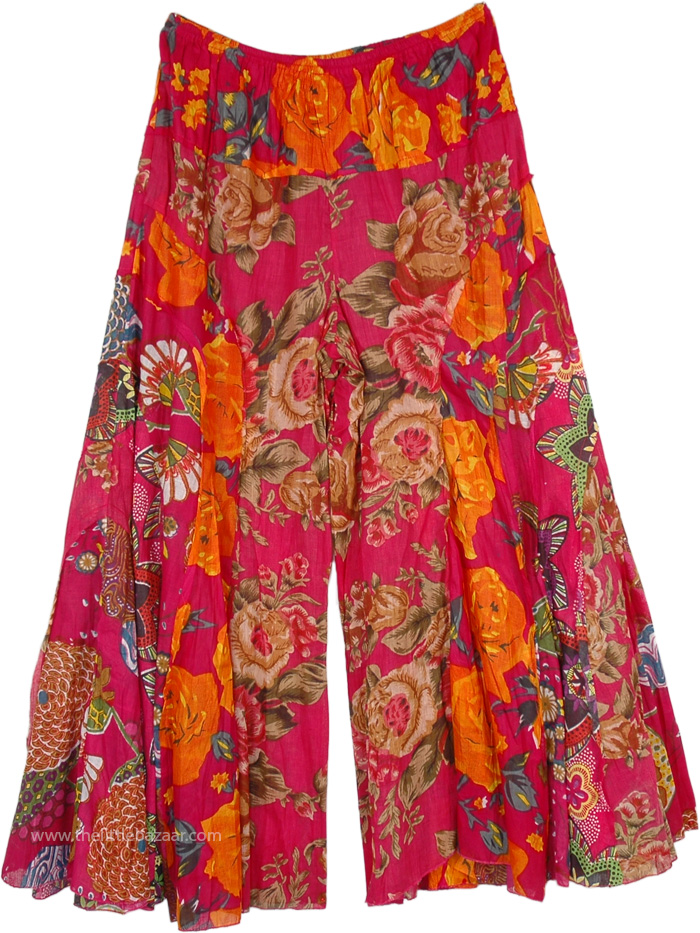 Floral Boho Gypsy Festival Pants, Crimson Flowery Flared Palazzo Pants
