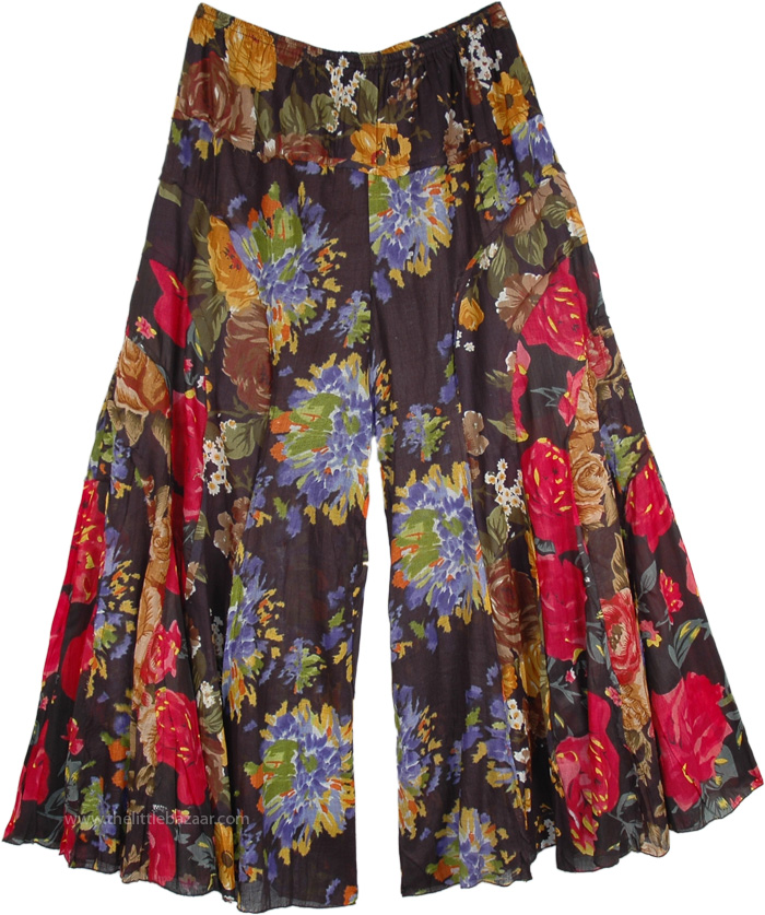 Chic Outdoor Summer Party Fiesta Pants, Wide Leg Cotton Culotte Pant in Wild Jungle Floral
