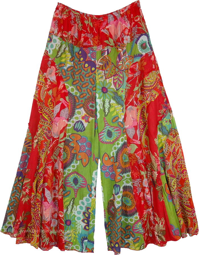 Floral Boho Gypsy Festival Pants, Boho Mexican Hippie Colorful Wide Legs Pants