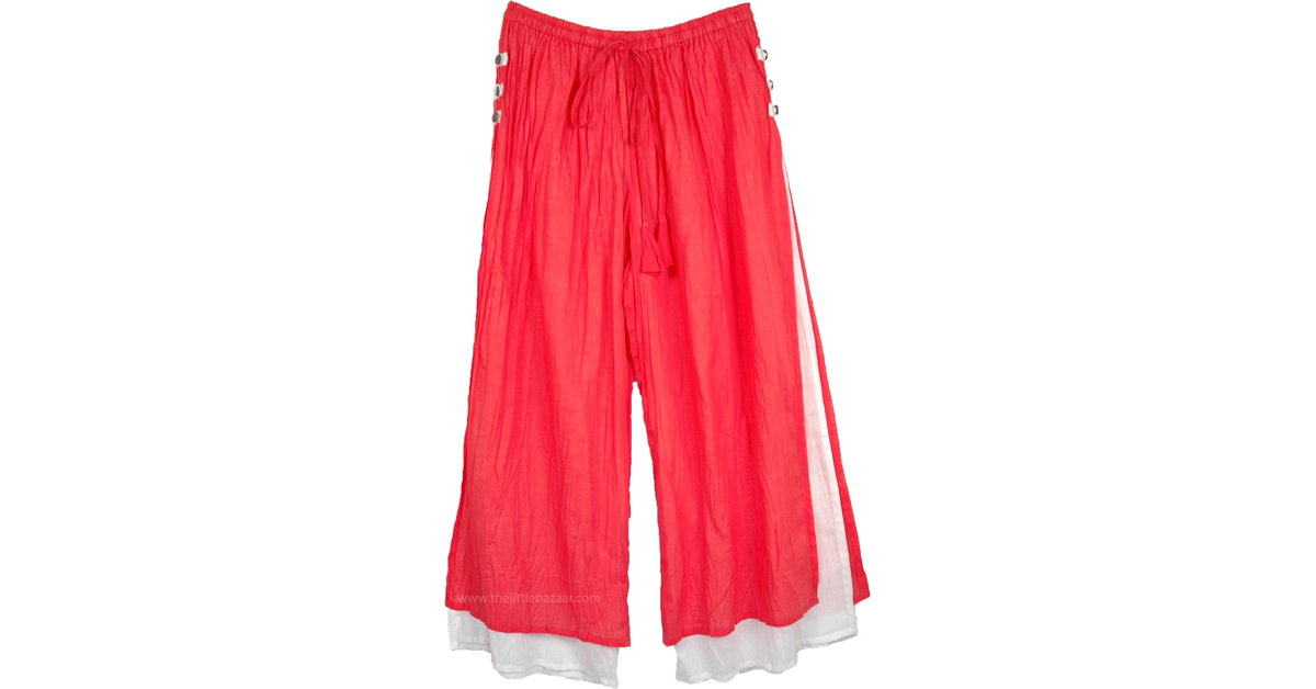 Coral and White Double Layer Linen Summer Pants | Orange | Split-Skirts ...