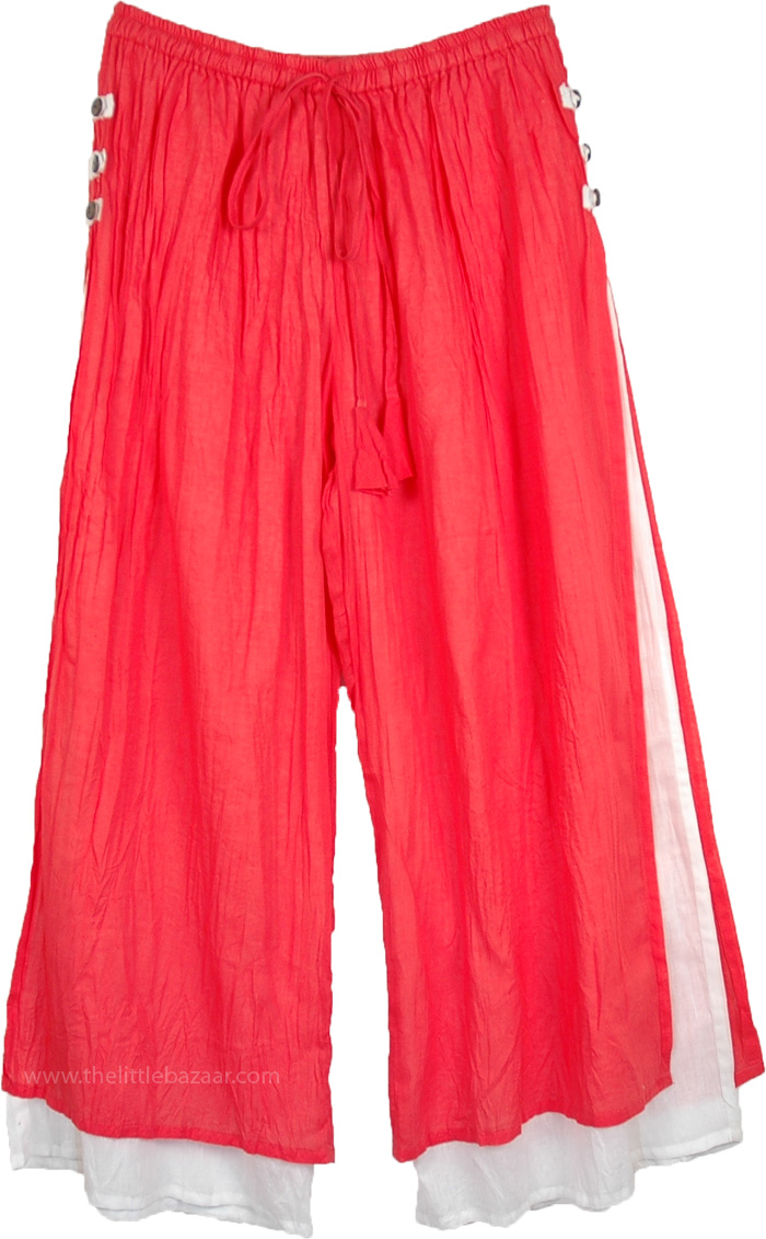 Perfect Summer Cool Wide Leg Linen Pants in Coral, Coral and White Double Layer Linen Summer Pants