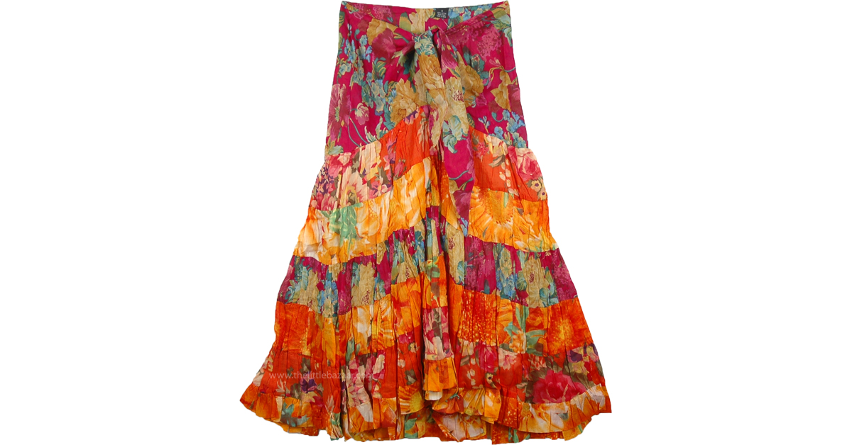 Stylized Tiered Cotton Skirt in Orange Bloom | Orange | Patchwork ...